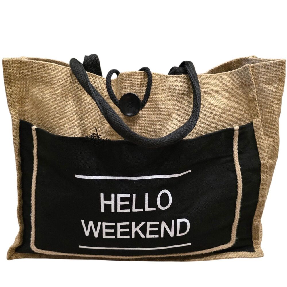 Hello Weekend Jute Burlap Large Tote Bag Beach Market
